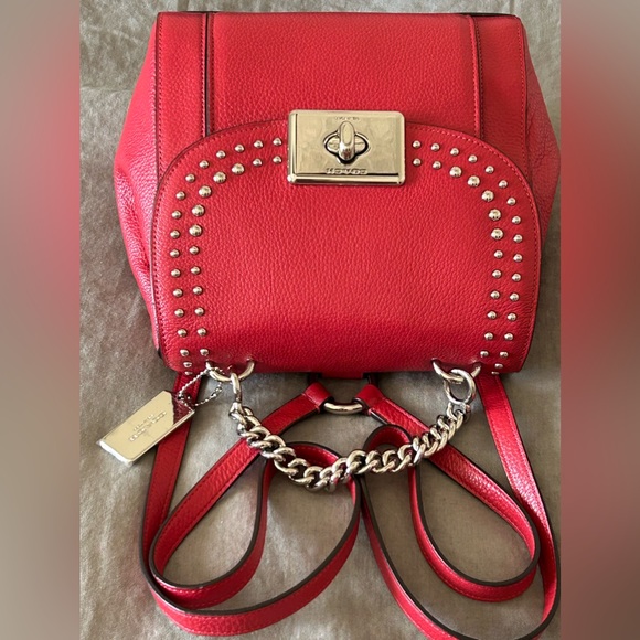 COACH Cassidy Pebble Leather Border Rivets Backpack/Top Handle inBright Cardinal - Picture 8 of 14